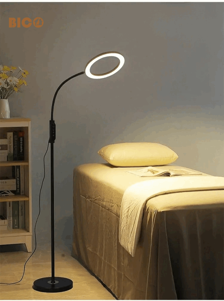 Đèn sàn LED vòng tròn Bico cổ mềm đặt cạnh giường ngủ chiếu sáng không gian đọc sách