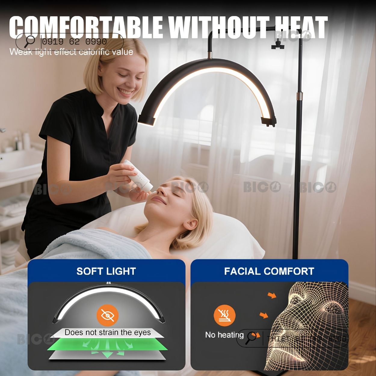 Đèn LED uốn cong chiếu sáng mềm cho spa, hỗ trợ kỹ thuật viên chăm sóc da mặt khách hàng nằm trên giường spa