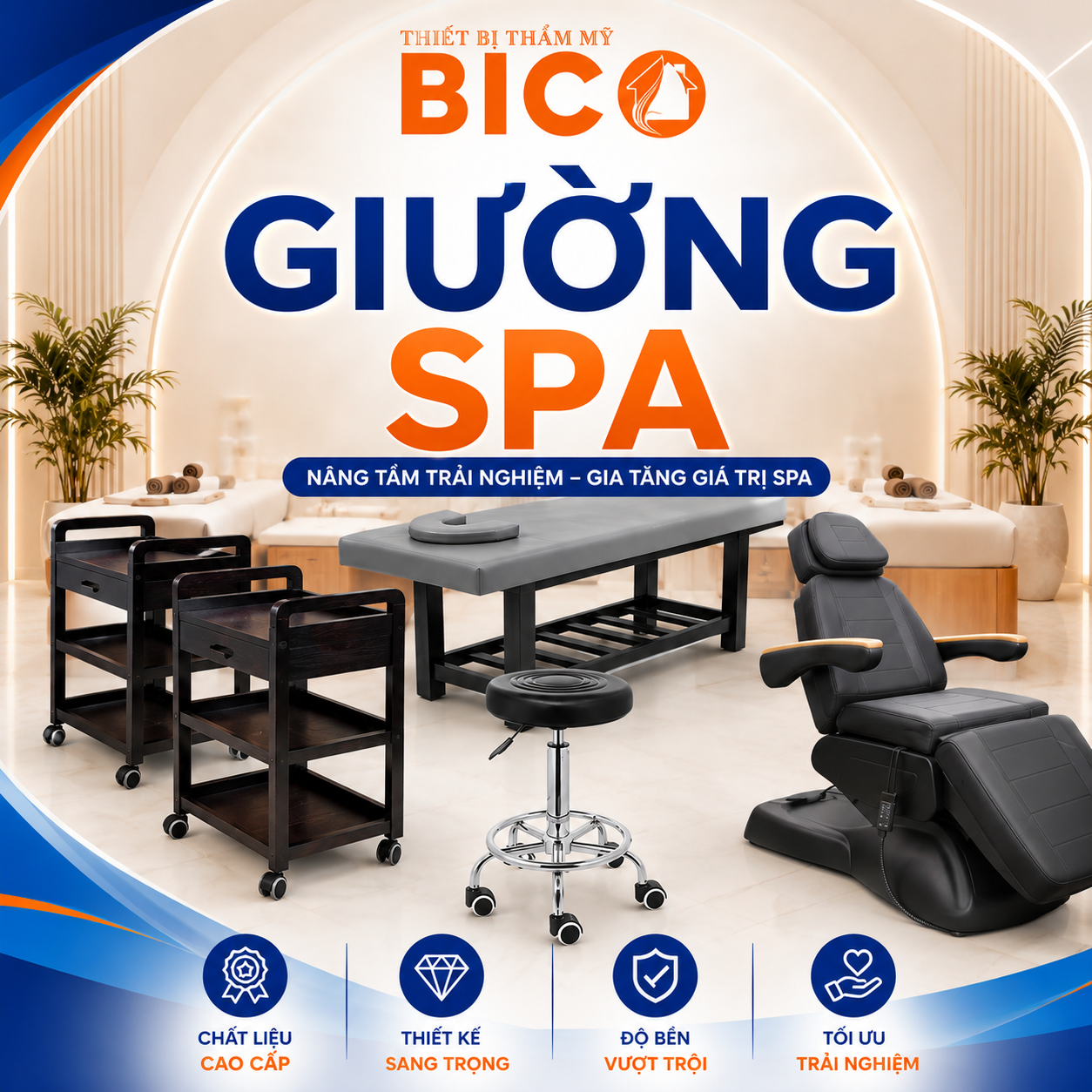 Giường spa BICO cao cấp kèm ghế điện, xe đẩy và ghế xoay trong không gian spa sang trọng