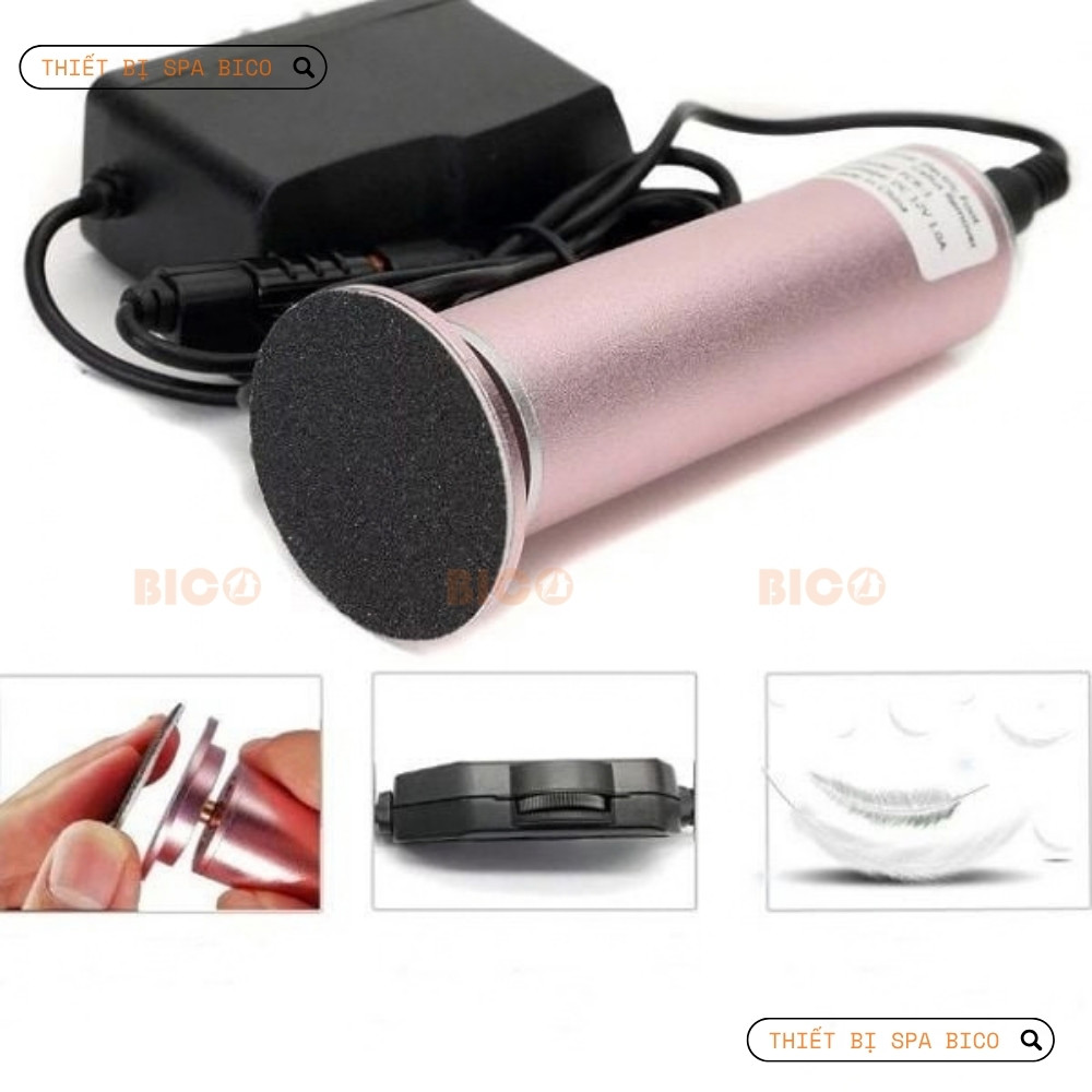 Máy mài gót chân điện màu hồng kèm adapter dùng trong spa chăm sóc da chân