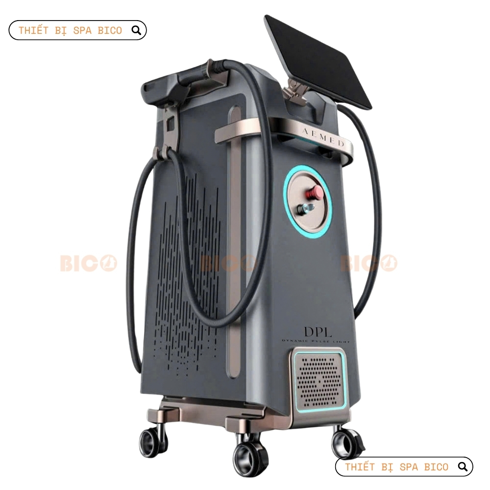Máy triệt lông DPL AEMED chuyên dụng cho spa, thiết kế hiện đại có màn hình và tay cầm trên thân máy có bánh xe