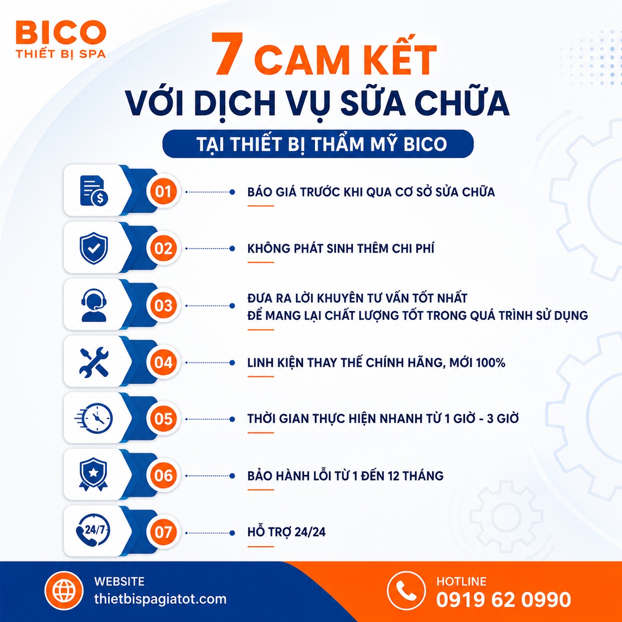 Banner 7 cam kết dịch vụ sửa chữa thiết bị thẩm mỹ BICO, bảo hành 1 đến 12 tháng, hỗ trợ 24/24, không phát sinh chi phí